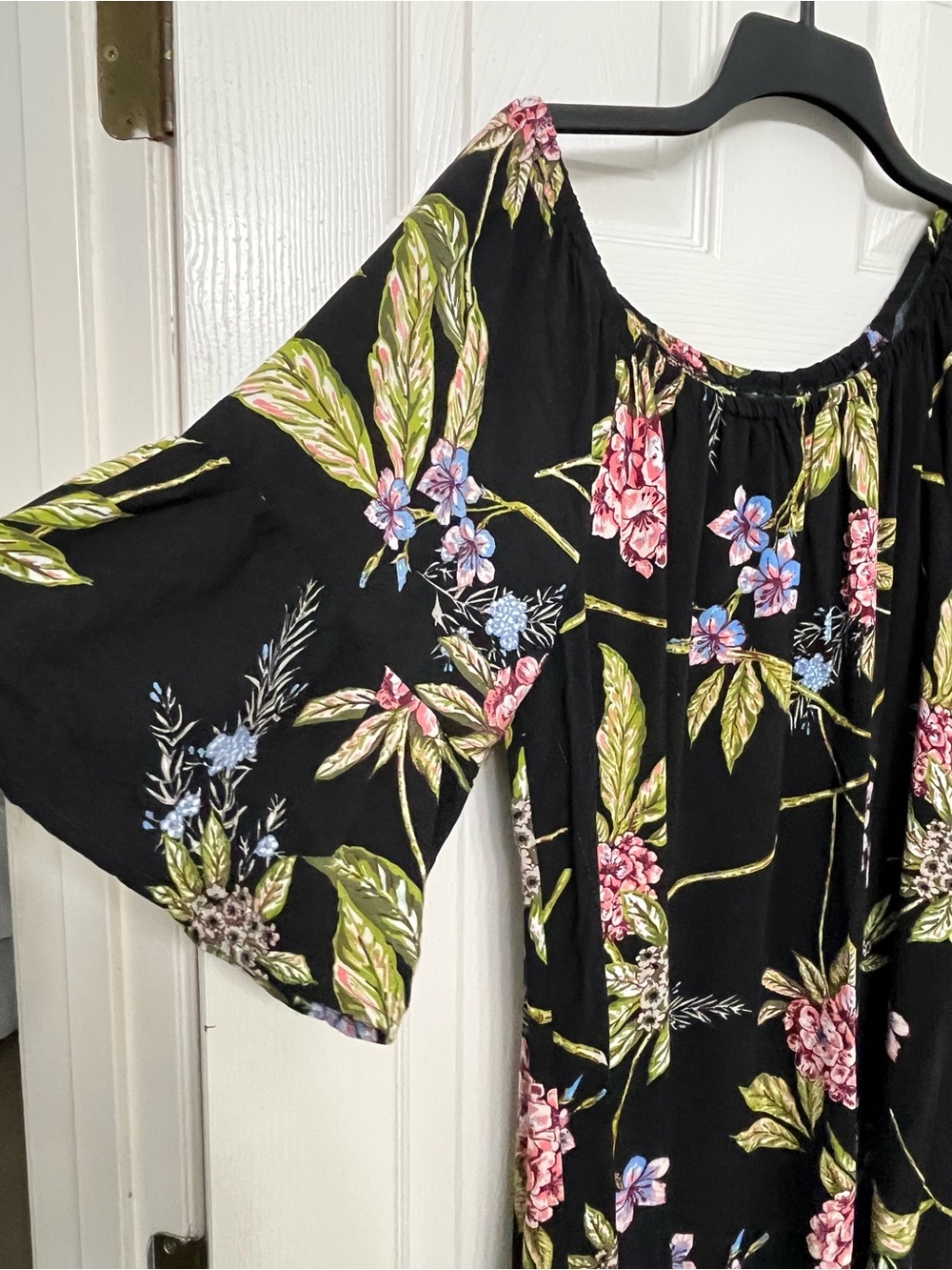 Black Floral Women’s Dress with Bell Sleeves - Picture 2 of 5